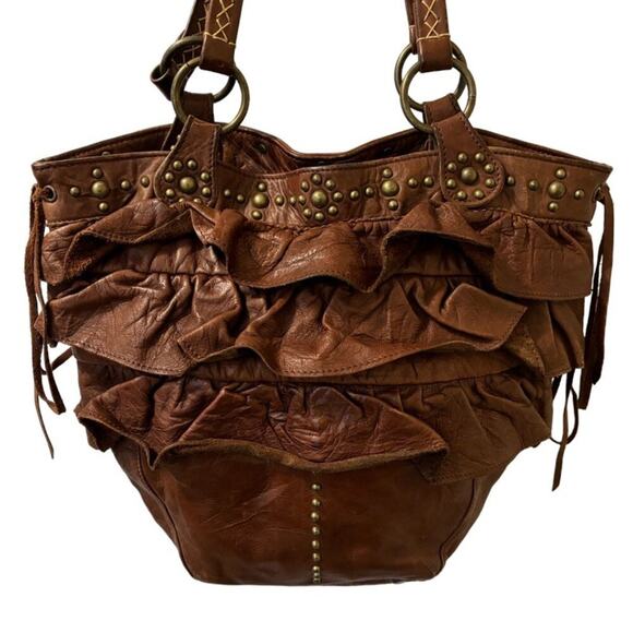 VTG TAMBU Genuine Leather Ruffled Studded Shoulder Bag in Cognac Brown JAPAN - Picture 1 of 14